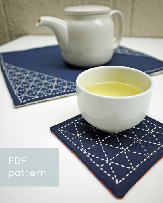 sashiko pattern triangle coaster pdf pattern from SakePuppets Etsy Shop